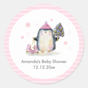Sticker Rond Patinage sur glace hivernal rose Fête bébé Manchot