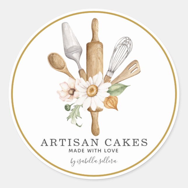 Sticker Rond Pâtisserie Chef Aquarelle Cuisine Ustensiles (Devant)