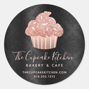 Sticker Rond Pâtisserie Chef Cupcake Pailleté Or Rose Damassé N