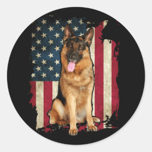 Sticker Rond Patriotic German Shepherd American Flag Dog