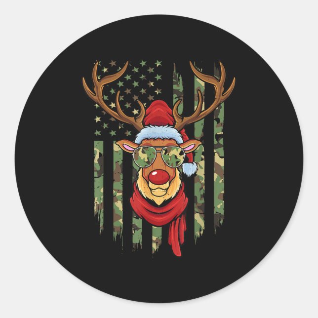 Sticker Rond Patriotic Reindeer Camo American Flag Veteran Chri (Devant)