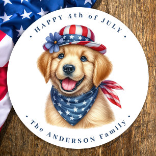 Sticker Rond Patriotique Chiot Rouge Blanc Bleu Golden Retrieve