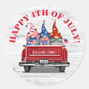 Sticker Rond Patriotique Gnome Vintage Camion Rouge 4 juillet