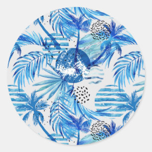 Sticker Rond Pattern de Bright Blue Tropical Watercolor