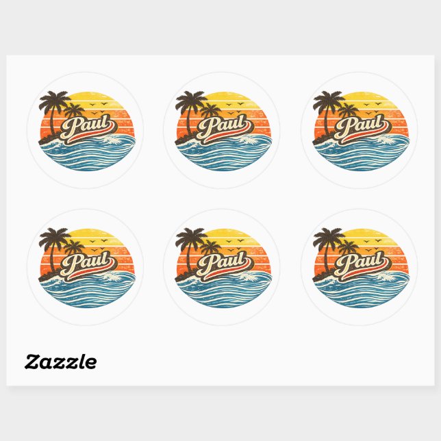 Sticker Rond Paul Retro Sunset Name Design (Feuille)