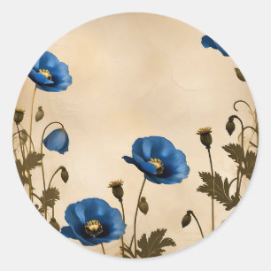 Sticker Rond Pavot bleu vintage sur parchemin vieilli