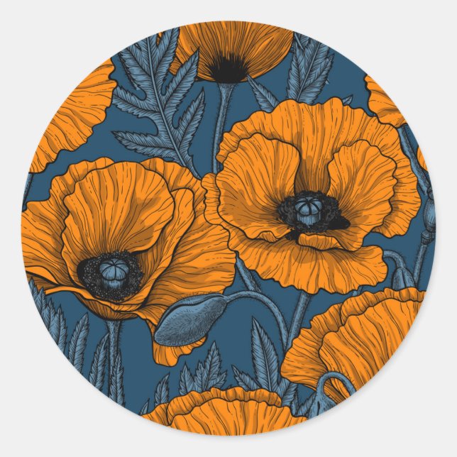 Sticker Rond Pavot orange sur bleu foncé (Devant)