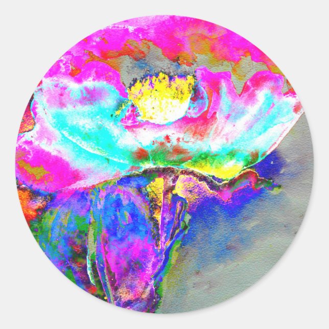 Sticker Rond Pavot rose, aquarelle peinture florale (Devant)