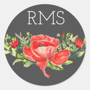 Sticker Rond Pavot rouge sur gris Monogramme personnalisable