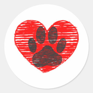 Sticker Rond Paw Chien Croquis Dans Le Coeur Rouge