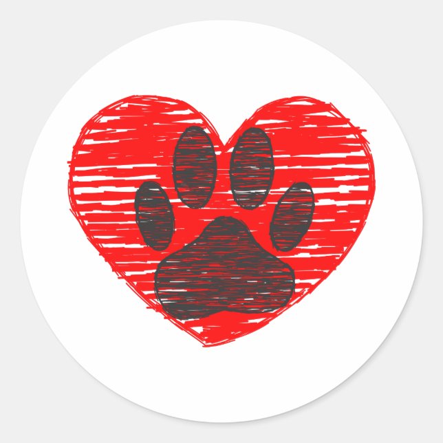 Sticker Rond Paw Chien Croquis Dans Le Coeur Rouge (Devant)