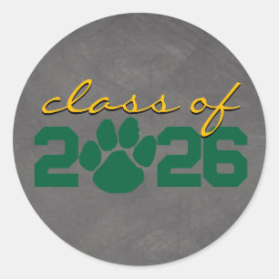 Sticker Rond Pawprint Vert & Or Léger Chalkboard Graduation