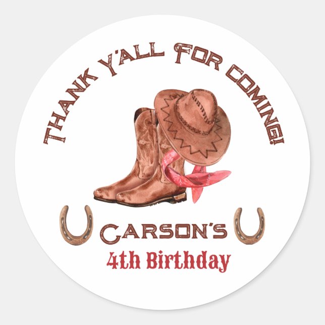 Sticker Rond Pays Occidental Cowboy Anniversaire Merci Favorise (Devant)