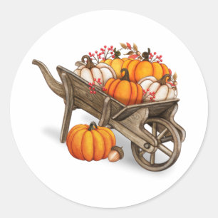 Sticker Rond Pays rustique d'automne Wagon en bois avec Citroui