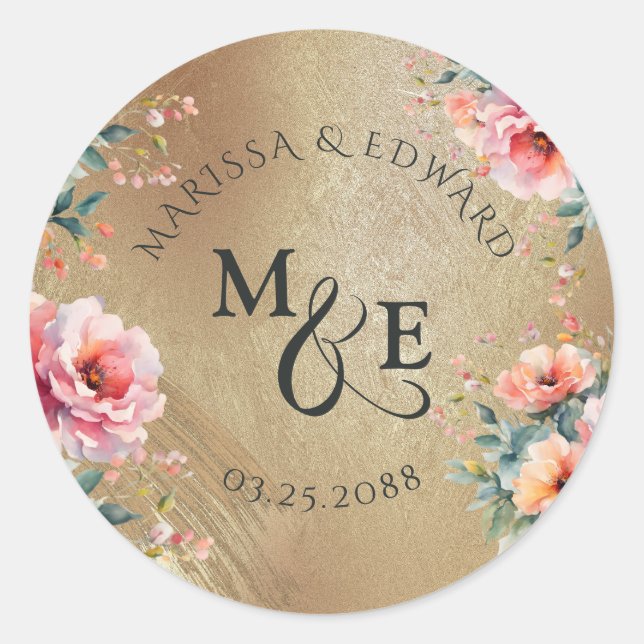 Sticker Rond Pays Rustique Floral Gold Wedding Favoriser (Devant)