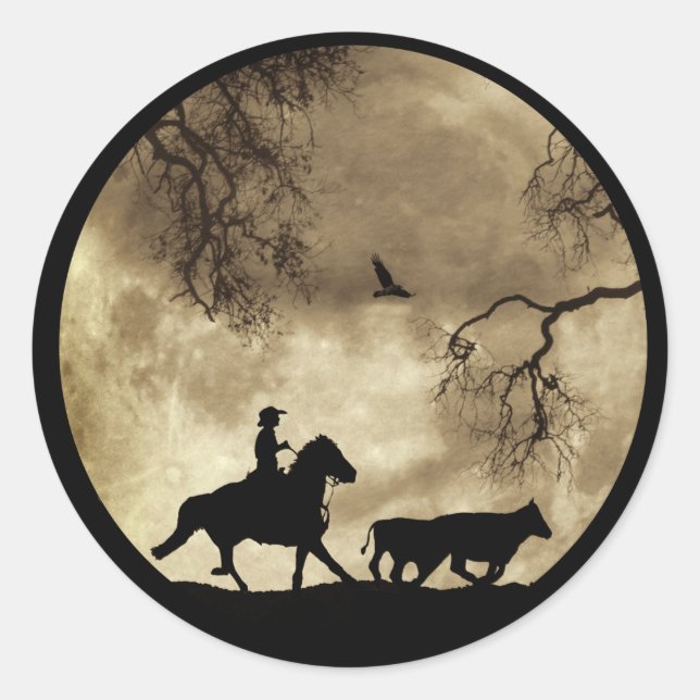 Sticker Rond Pays Western Cowboy Steer Round Up Pleine lune (Devant)