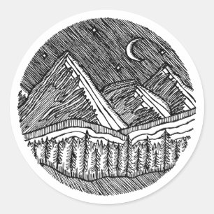 Sticker Rond Paysage alpin rond dessiné à l'encre noire et blan
