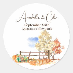 Sticker Rond Paysage automnal rustique arbres et citrouilles