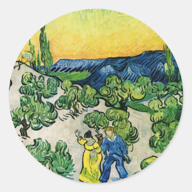 Sticker Rond Paysage avec couple Marche par Vincent van Gogh (Devant)