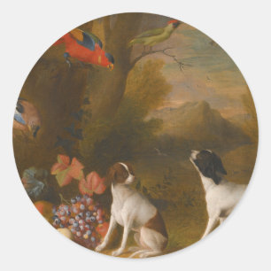 Sticker Rond Paysage avec oiseaux exotiques et deux chiens