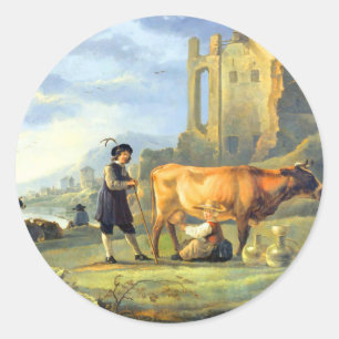 Sticker Rond Paysage avec une jeune fille traçant une vache par