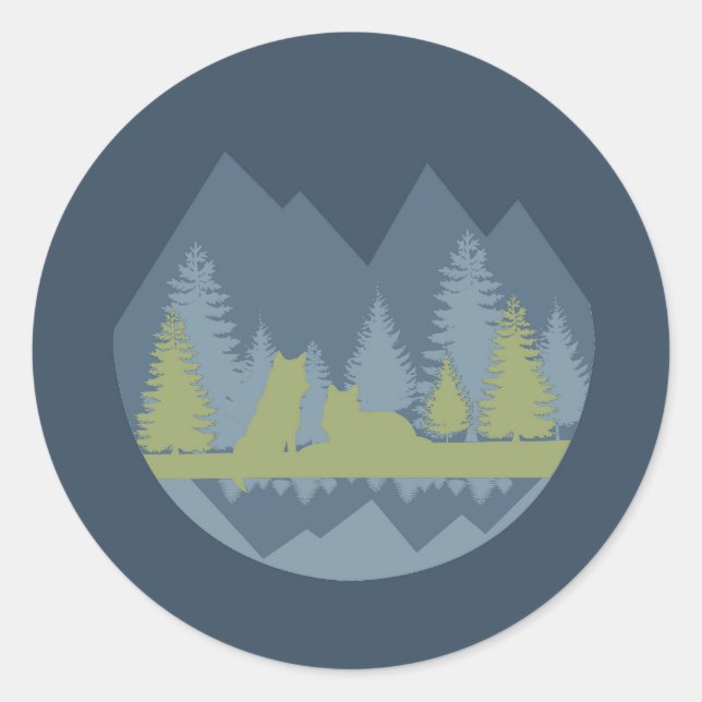 Sticker Rond Paysage bleu et vert avec Loups et Montagnes (Devant)