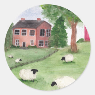 Sticker Rond Paysage de ferme à moutons