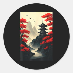 Sticker Rond Paysage de montagne de château de pagode japonaise