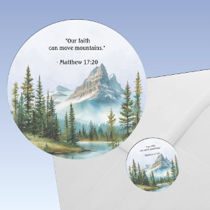 Sticker Rond Paysage de montagne Verset de la Bible Brume bleue