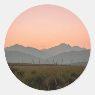 Sticker Rond Paysage de montagnes de coucher de soleil rose ser