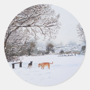 Sticker Rond paysage de scène de neige de chiens avec la