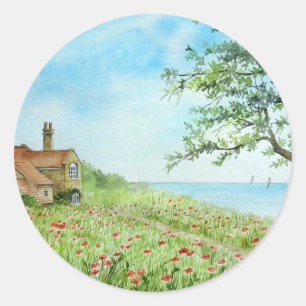 Sticker Rond Paysage de terrain de pavot peinture aquarelle