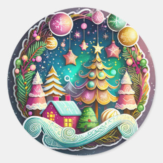 Sticker Rond Paysage hivernal Courbe de Noël