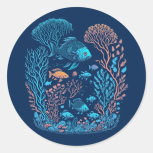 Sticker Rond Paysage sous-marin poissons colorés et récif coral