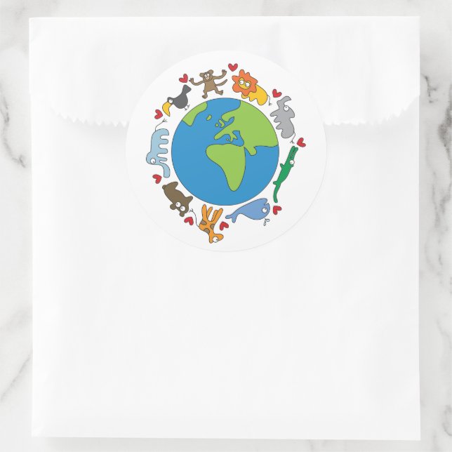 Sticker Rond Peace And Love Cute Cartoon Animaux du monde (Sac)