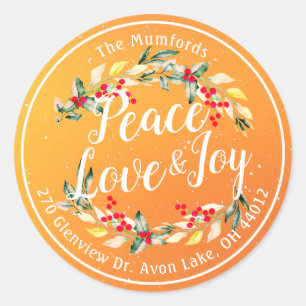 Sticker Rond Peace Joy & Love Noël Bonne année Adresse