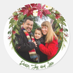 Sticker Rond Peace Joy LovePhoto Poinsettia Noël