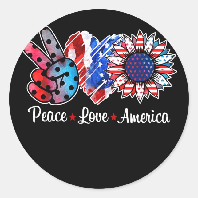 Sticker Rond Peace Love America Sunflower American Drapeau drôl (Devant)