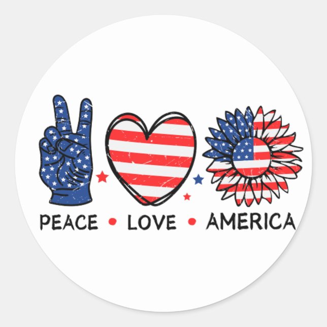 Sticker Rond Peace Love America USA Drapeau, 4 juillet, Patriot (Devant)