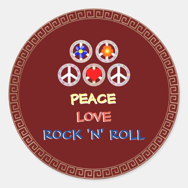 Sticker Rond Peace, Love and Rock 'n' Roll (Devant)