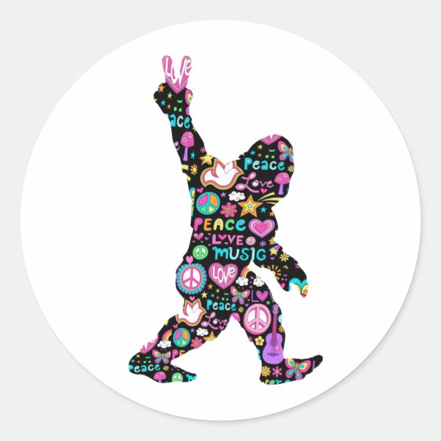 Sticker Rond Peace Love Bigfoot Hippie Funny Bigfoot Lover (Devant)