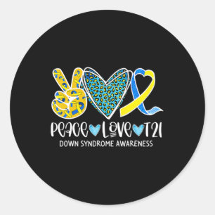 Sticker Rond Peace Love Cure Bleu & Jaune Ribbon Down Syndrome