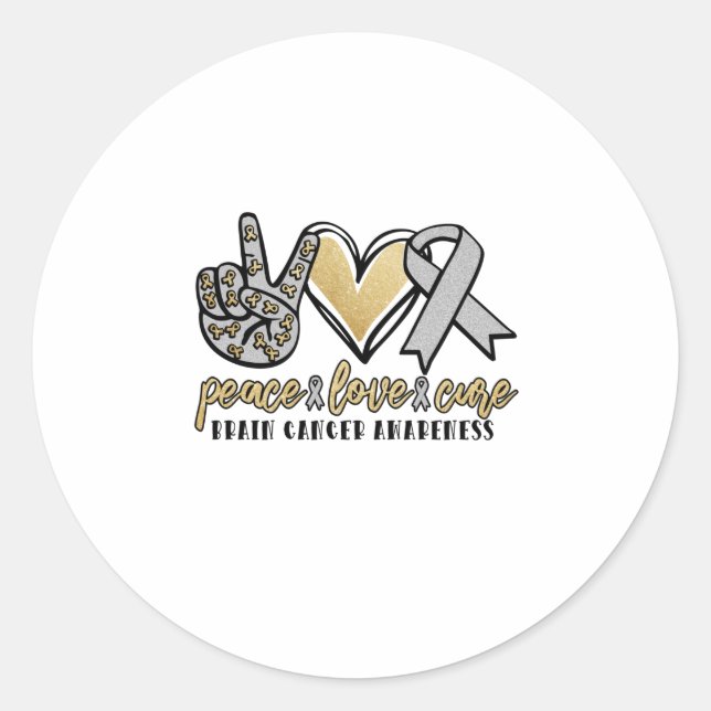Sticker Rond Peace Love Cure Cerveau Cancer (Devant)