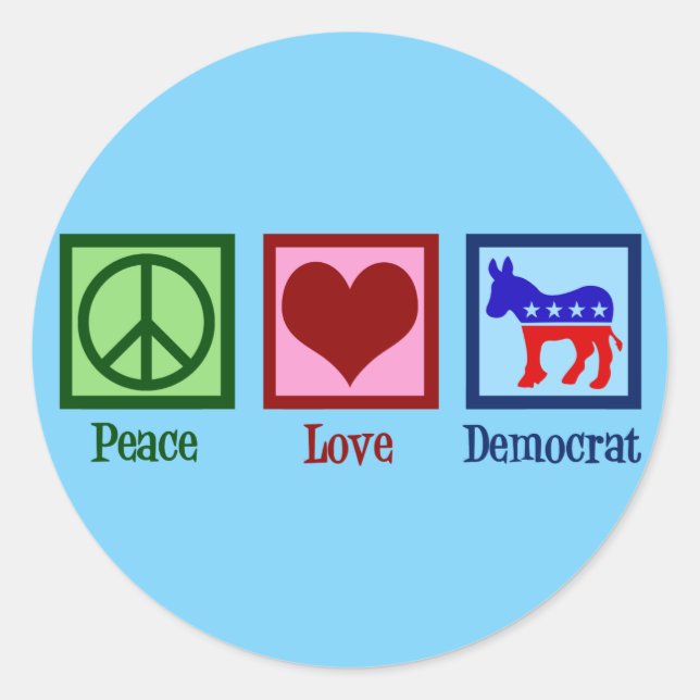 Sticker Rond Peace Love Democrat Donkey Cute Blue (Devant)