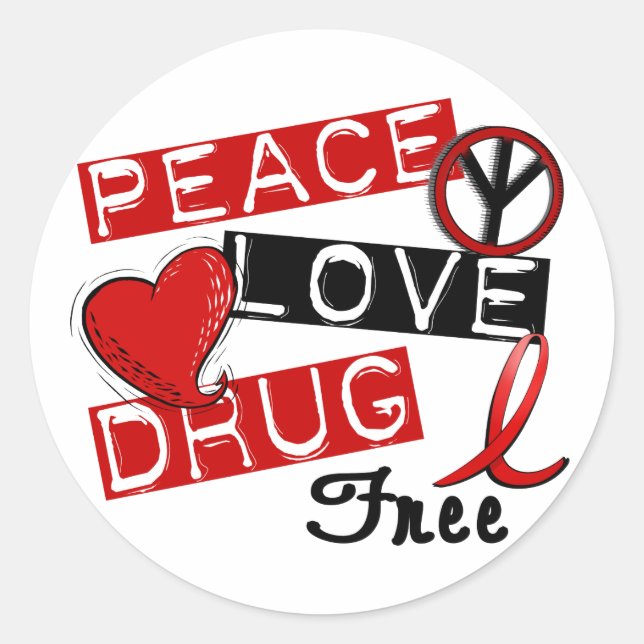 Sticker Rond Peace Love Drug Free (Devant)