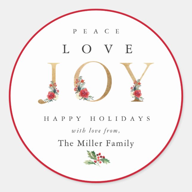 Sticker Rond Peace Love Joy Festive Winter Floral Berries (Devant)