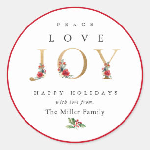 Sticker Rond Peace Love Joy Festive Winter Floral Berries