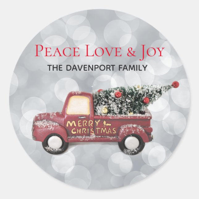 Sticker Rond Peace Love & Joy Toy Camion Joyeux Noël (Devant)