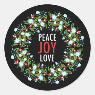 Sticker Rond Peace Love Joy Wreath sur un Arrière - plan noir