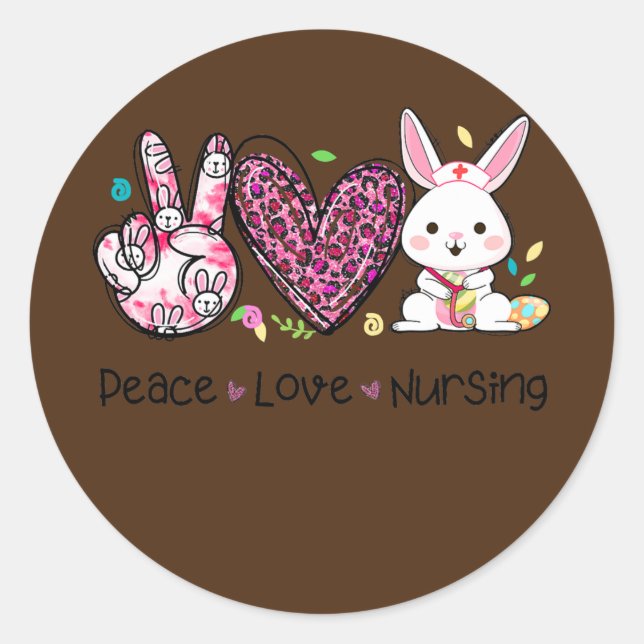 Sticker Rond Peace Love Nuring Pâques Leopard Heart Bunny (Devant)